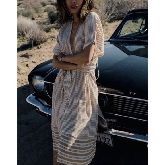 New. Faithfull the Brand Beige Striped Midi Dress. Size 4. Retails $180 - Picture 5 of 16